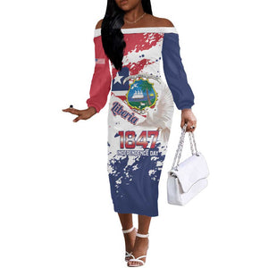 Afro Liberia 1847 Independence Day Off The Shoulder Long Sleeve Dress Coat Of Arms Grunge Style