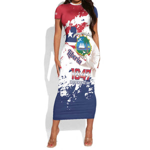 Afro Liberia 1847 Independence Day Short Sleeve Bodycon Dress Coat Of Arms Grunge Style