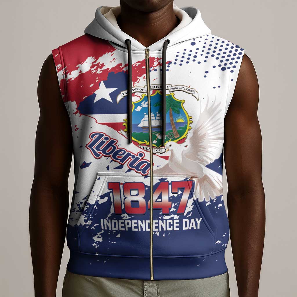Afro Liberia 1847 Independence Day Sleeveless Zip Hoodie Coat Of Arms Grunge Style - African Pride