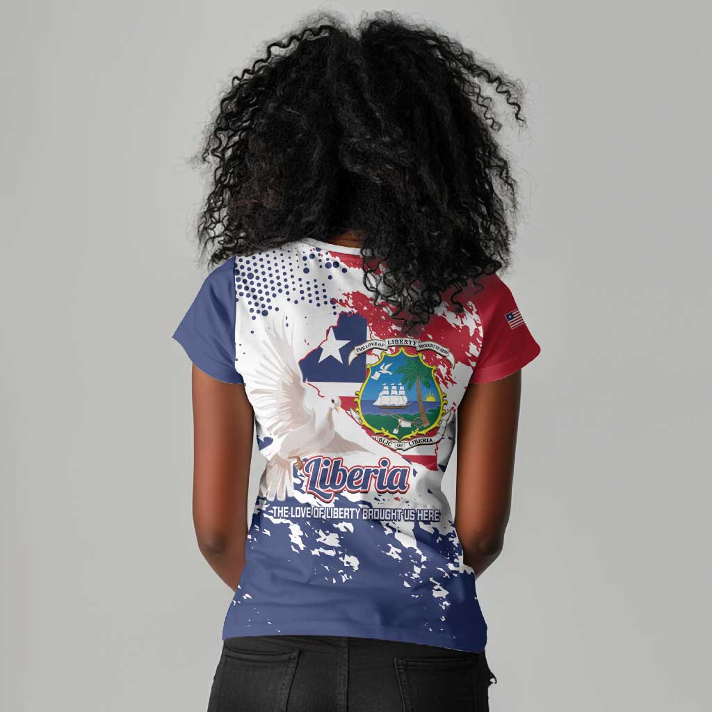 Afro Liberia 1847 Independence Day Women V-Neck T-Shirt Coat Of Arms Grunge Style