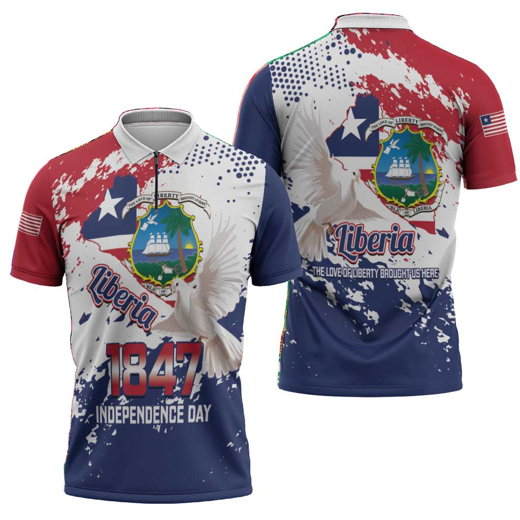 Liberia 1847 Independence Day Zipper Polo Shirt Coat Of Arms Grunge Style