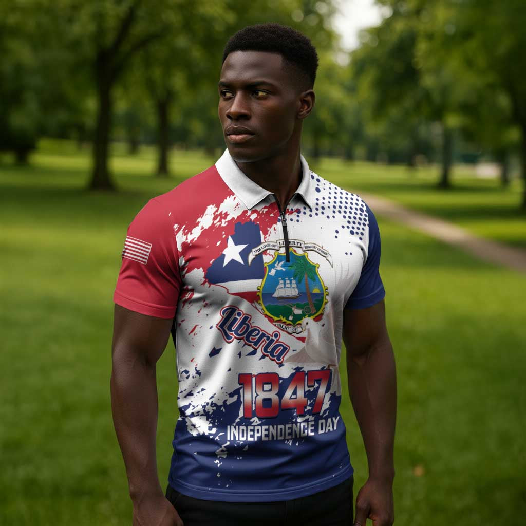 Liberia 1847 Independence Day Zipper Polo Shirt Coat Of Arms Grunge Style