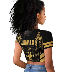 Jumieka Independence Day Raglan Cropped T shirt Out Of Many, One People Gold Color