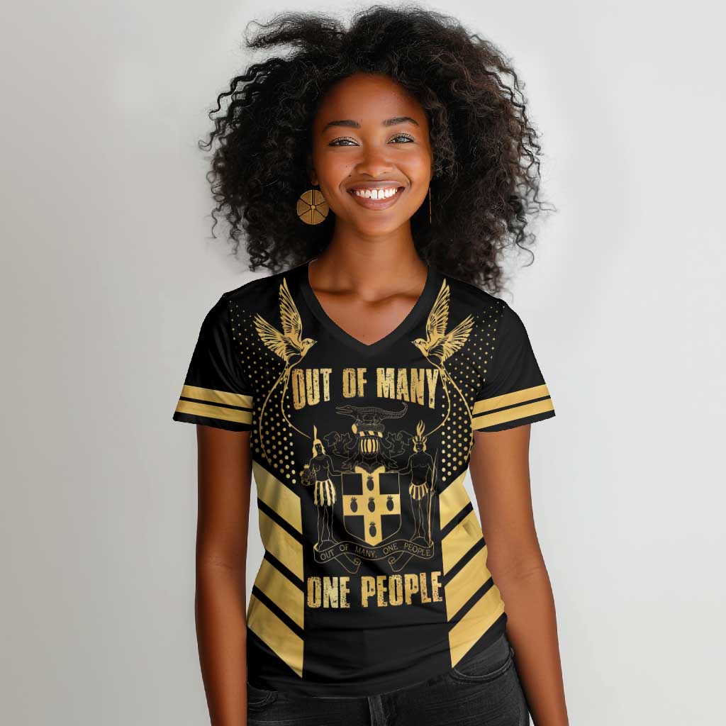 Jumieka Independence Day Women V-Neck T-Shirt Out Of Many, One People Gold Color