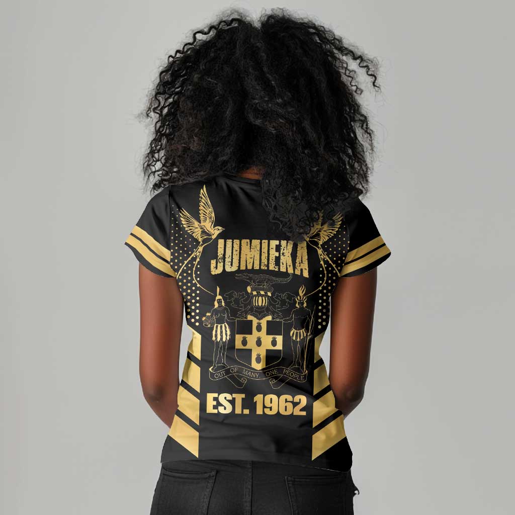 Jumieka Independence Day Women V-Neck T-Shirt Out Of Many, One People Gold Color
