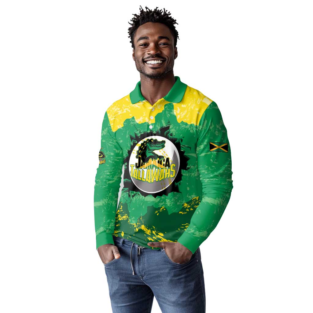 Custom Afro Jamaica Cricket Long Sleeve Polo Shirt Go Champions Tallawahs Grunge Style