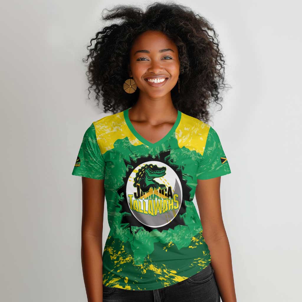 Custom Afro Jamaica Cricket Women V-Neck T-Shirt Go Champions Tallawahs Grunge Style