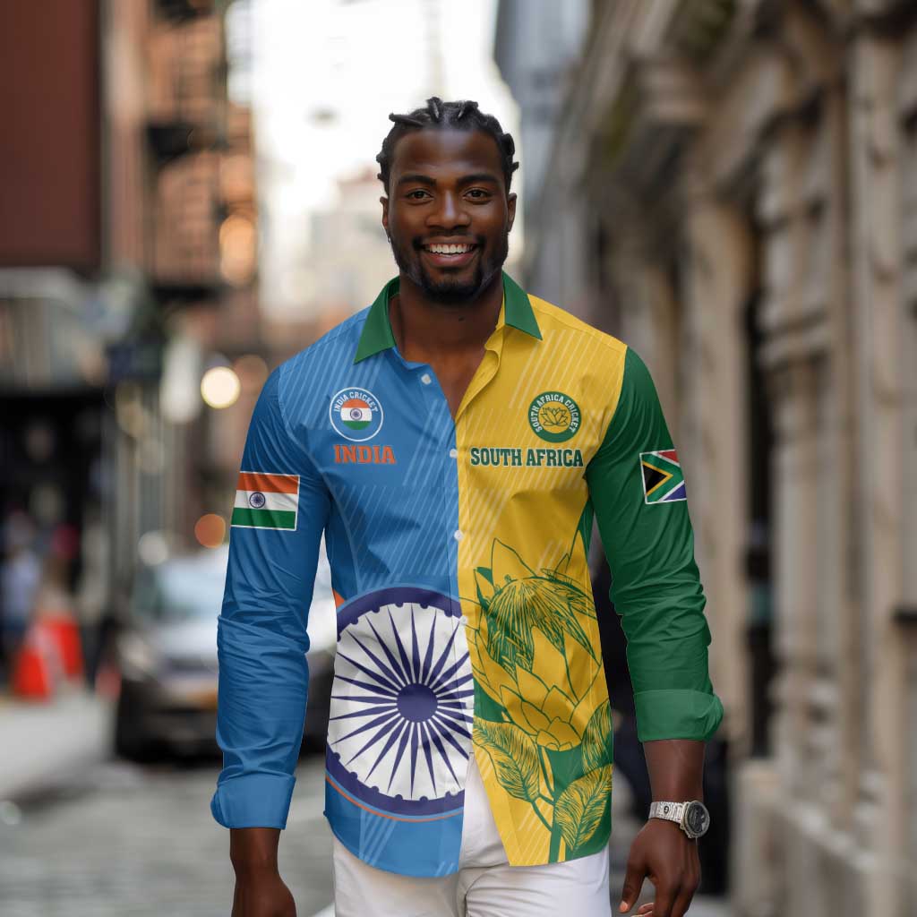 Custom India And South Africa Cricket Long Sleeve Button Shirt 2024 Together Dynamic Version