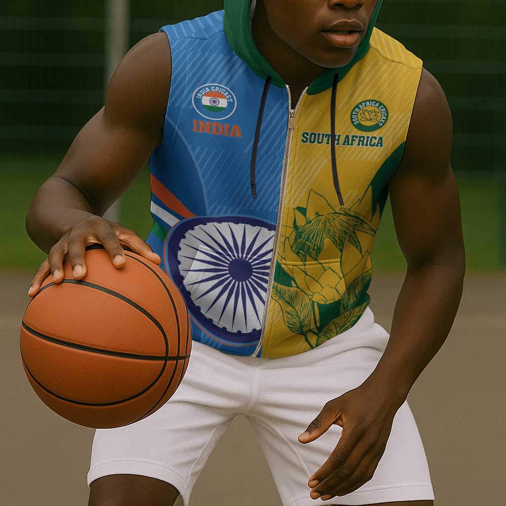 Custom India And South Africa Cricket Sleeveless Zip Hoodie 2024 Together Dynamic Version - African Pride