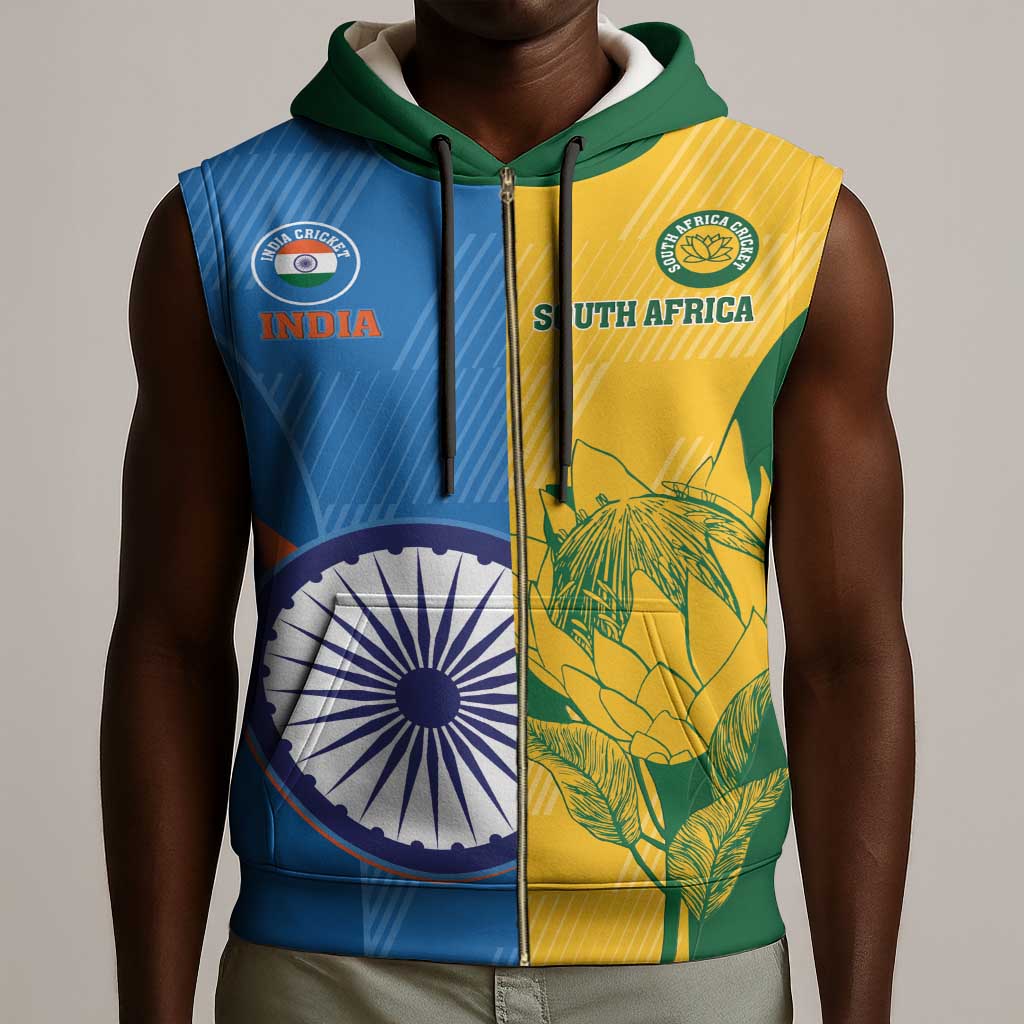 Custom India And South Africa Cricket Sleeveless Zip Hoodie 2024 Together Dynamic Version - African Pride