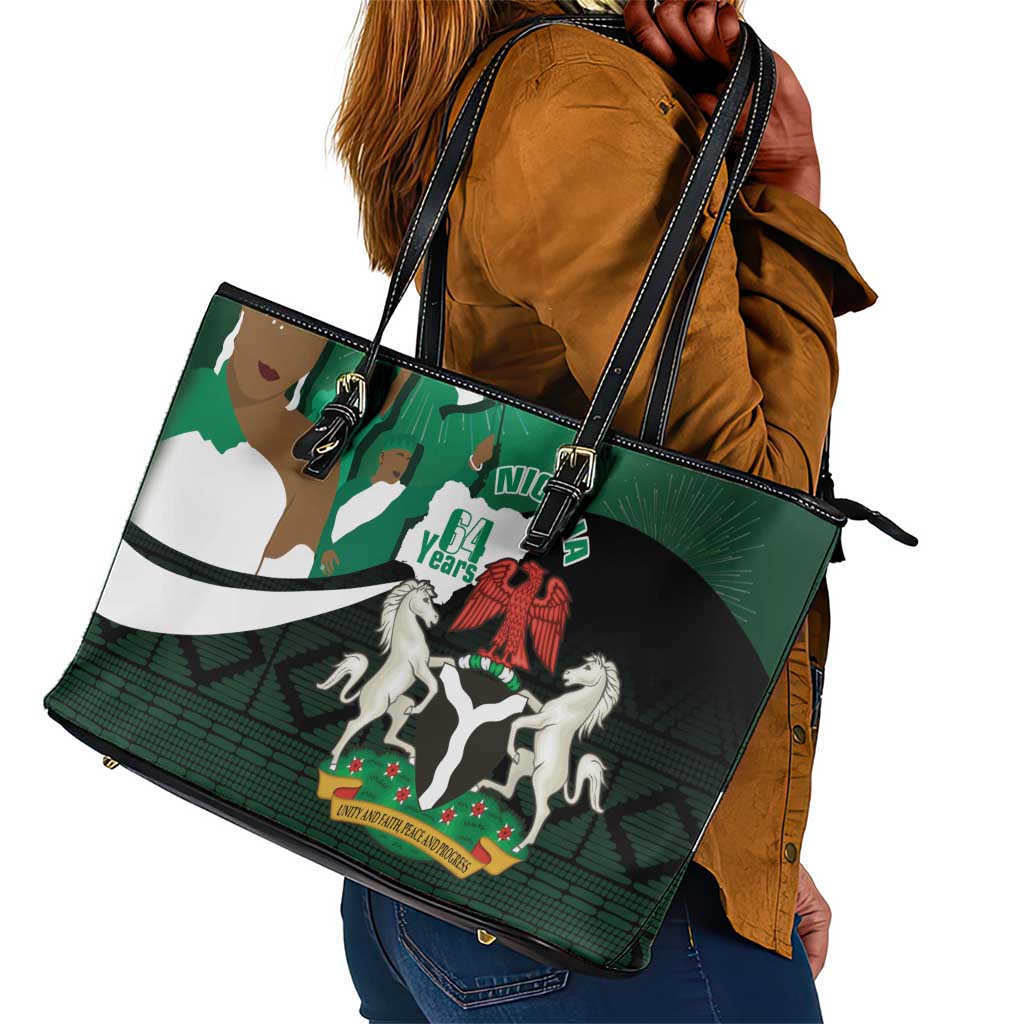 Nigeria Independence Day Leather Tote Bag Happy 64 Years Of Anniversary African Pattern