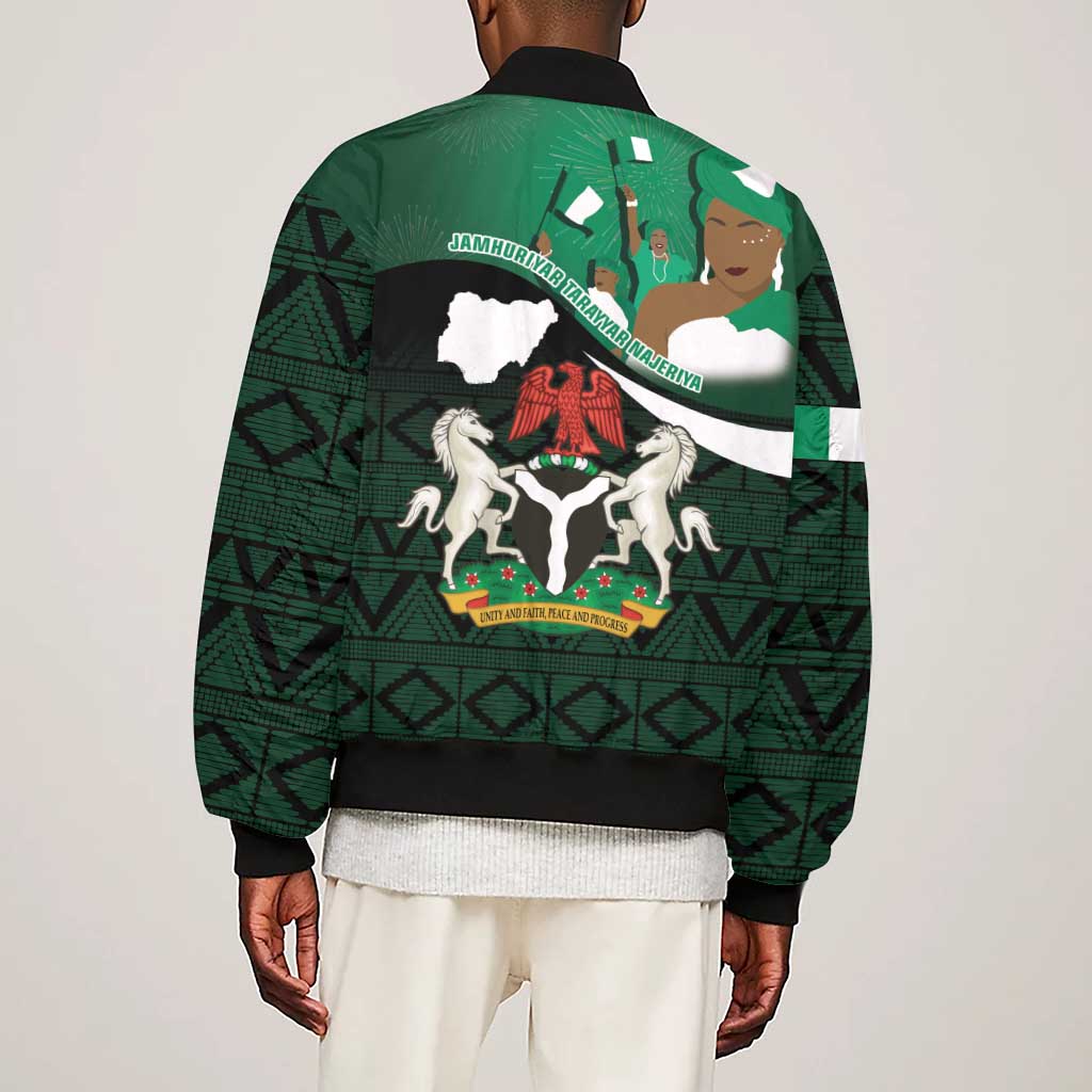 Nigeria Independence Day Sleeve Zip Bomber Jacket Happy 64 Years Of Anniversary African Pattern
