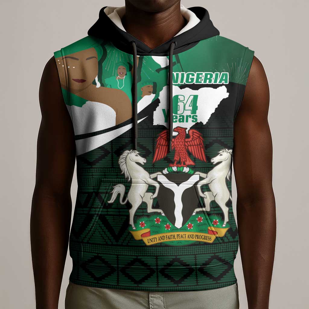Nigeria Independence Day Sleeveless Hoodie Happy 64 Years Of Anniversary African Pattern - African Pride
