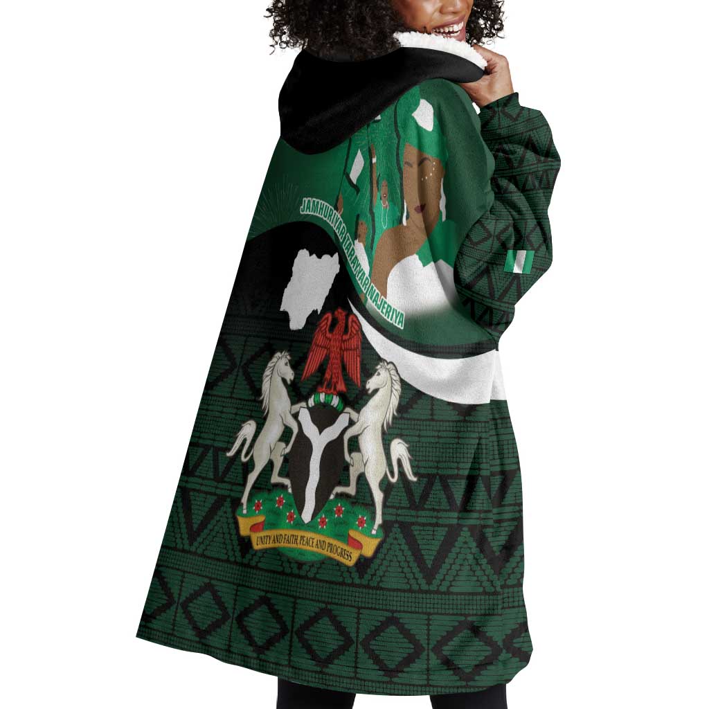 Nigeria Independence Day Wearable Blanket Hoodie Happy 64 Years Of Anniversary African Pattern