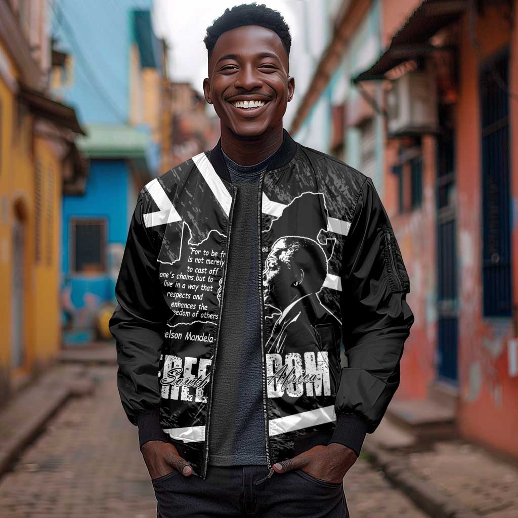 South Africa Freedom Day Sleeve Zip Bomber Jacket Nelson Mandela With Map