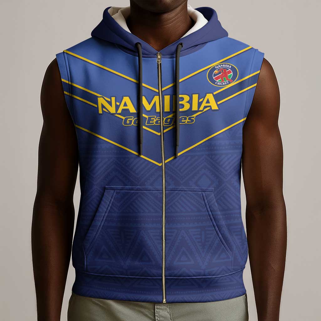 Custom Namibia Cricket Sleeveless Zip Hoodie 2024 Go Eagles African Pattern - African Pride
