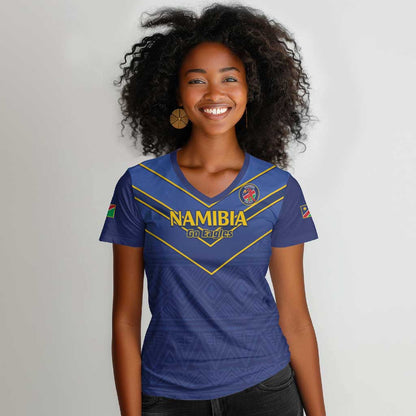 Custom Namibia Cricket Women V-Neck T-Shirt 2024 Go Eagles African Pattern