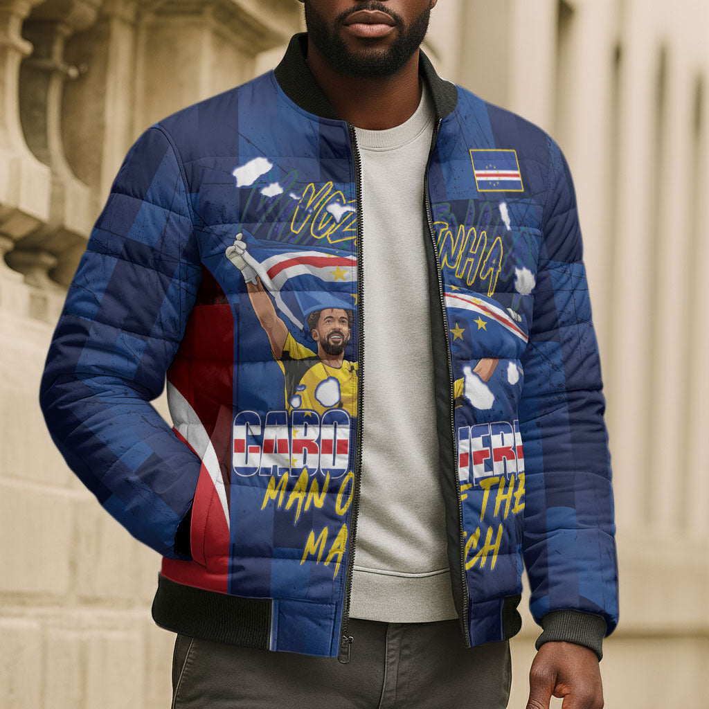 Custom Vozinha Cabo Verde Football Bomber Puffer Jacket Tubaroes Azuis Man Of The Match