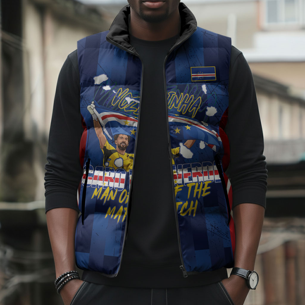 Custom Vozinha Cabo Verde Football Sleeveless Puffer Jacket Tubaroes Azuis Man Of The Match
