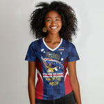Custom Vozinha Cabo Verde Football Women V-Neck T-Shirt Tubaroes Azuis Man Of The Match