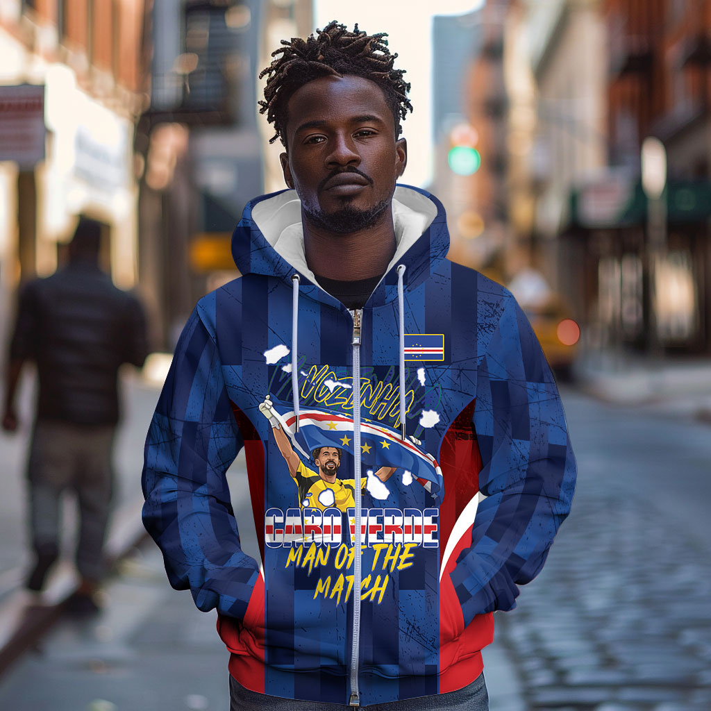 Custom Vozinha Cabo Verde Football Zip Hoodie Tubaroes Azuis Man Of The Match