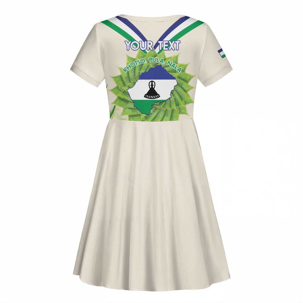 Personalised Lesotho Independence Day Kid Short Sleeve Dress Aloe Polyphylla Mix Coat Of Arms