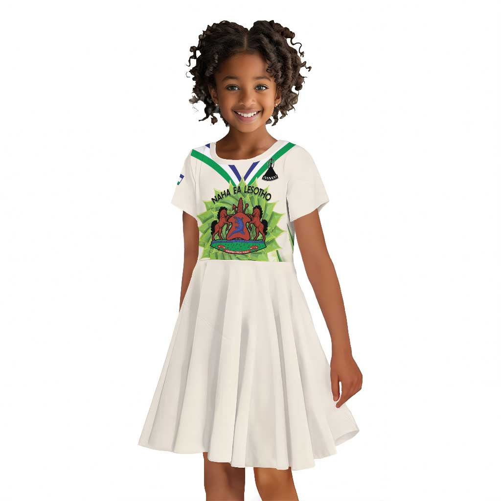 Personalised Lesotho Independence Day Kid Short Sleeve Dress Aloe Polyphylla Mix Coat Of Arms
