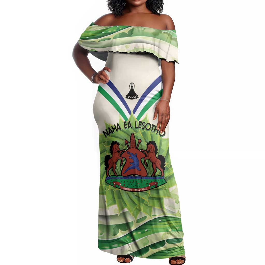 Personalised Lesotho Independence Day Off Shoulder Maxi Dress Aloe Polyphylla Mix Coat Of Arms