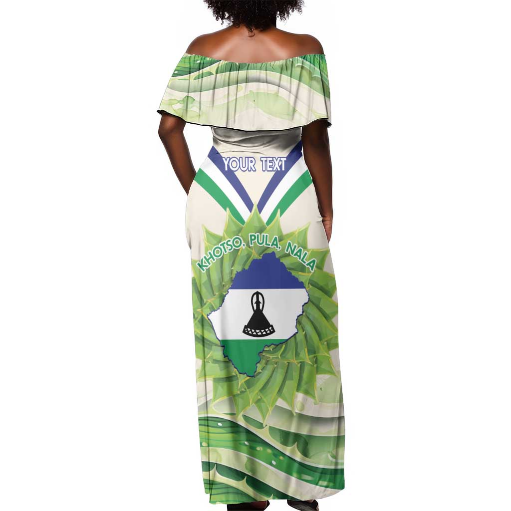 Personalised Lesotho Independence Day Off Shoulder Maxi Dress Aloe Polyphylla Mix Coat Of Arms