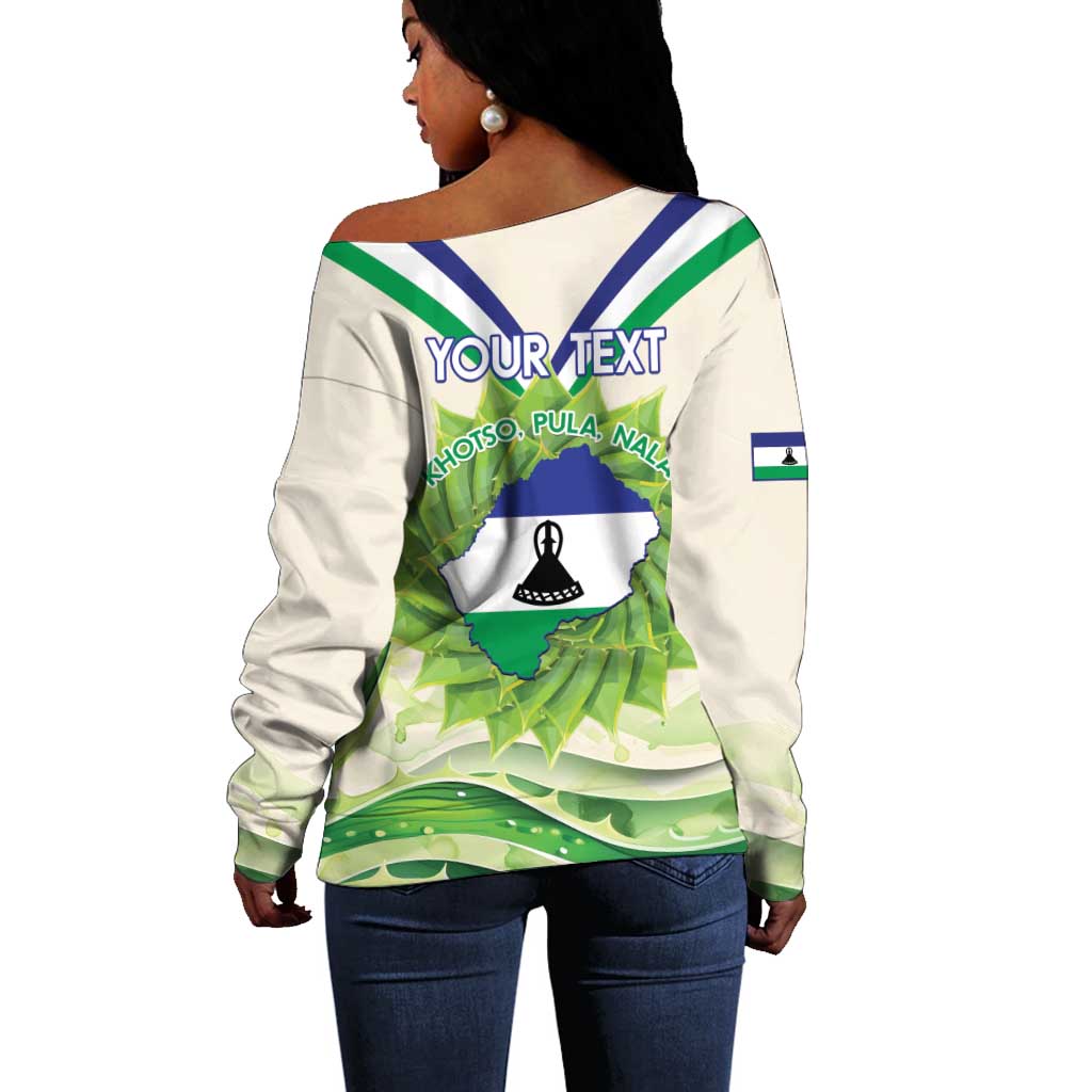 Personalised Lesotho Independence Day Off Shoulder Sweater Aloe Polyphylla Mix Coat Of Arms