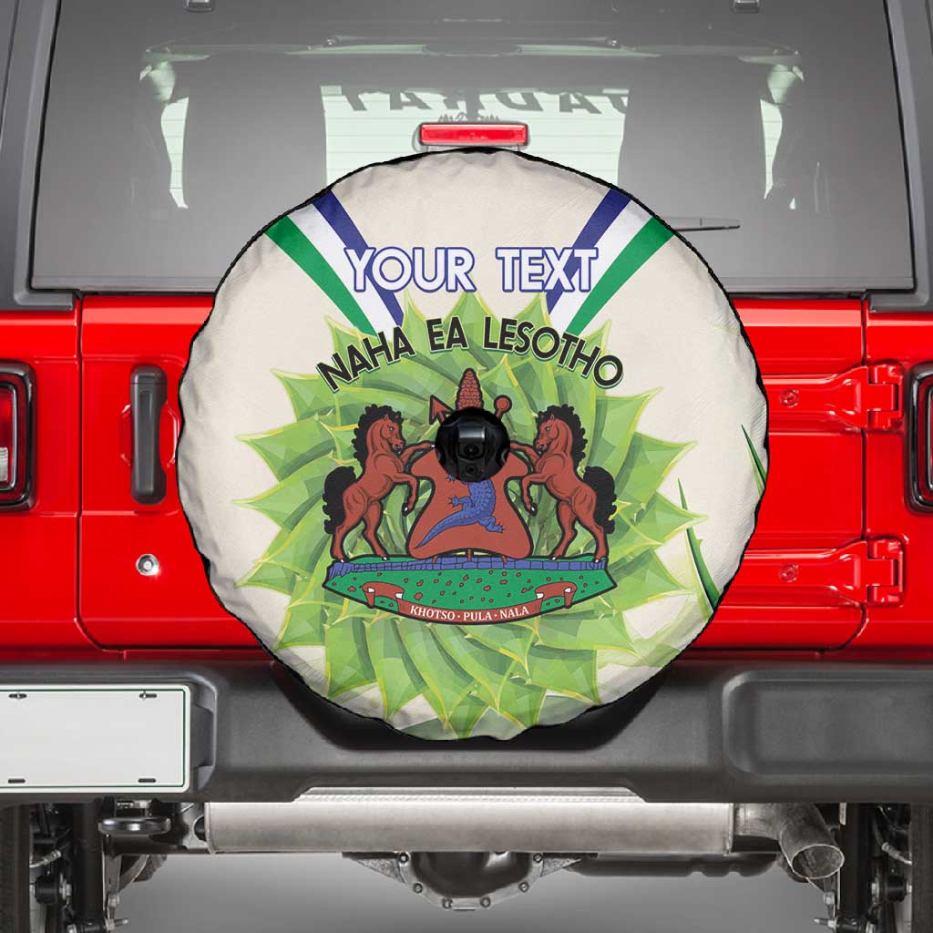Personalised Lesotho Independence Day Spare Tire Cover Aloe Polyphylla Mix Coat Of Arms