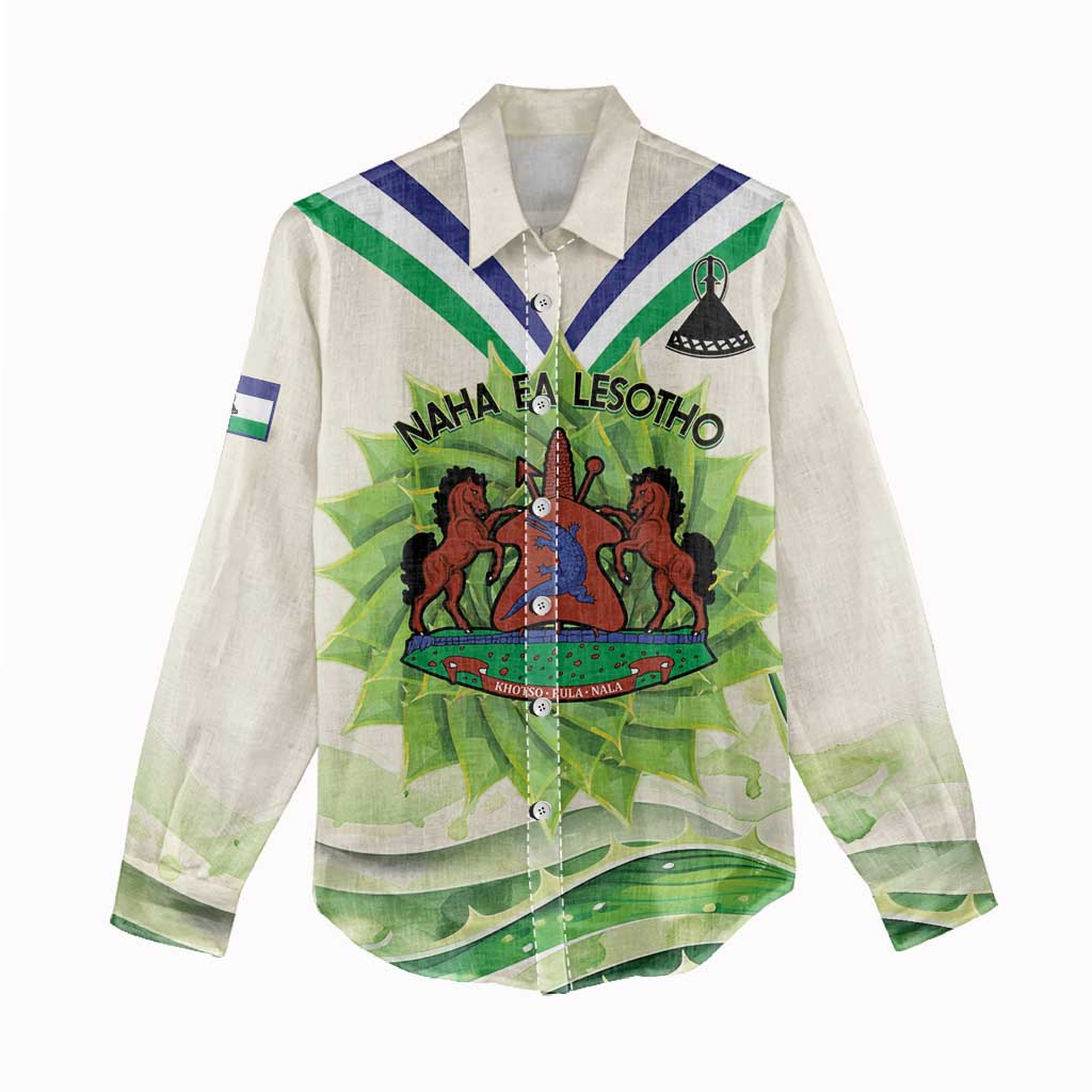 Personalised Lesotho Independence Day Women Casual Shirt Aloe Polyphylla Mix Coat Of Arms LT14