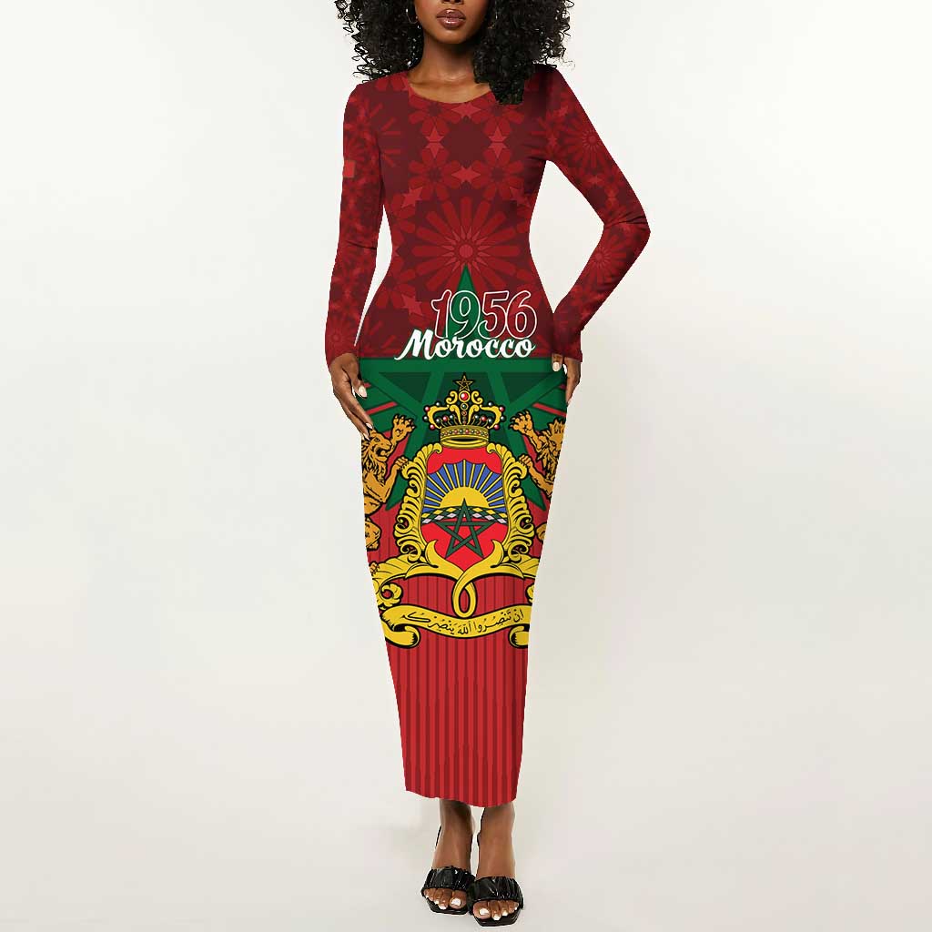Personalized Afro Morocco Independence Day Long Sleeve Bodycon Dress 1956 Proud Islamic Pattern - African Pride