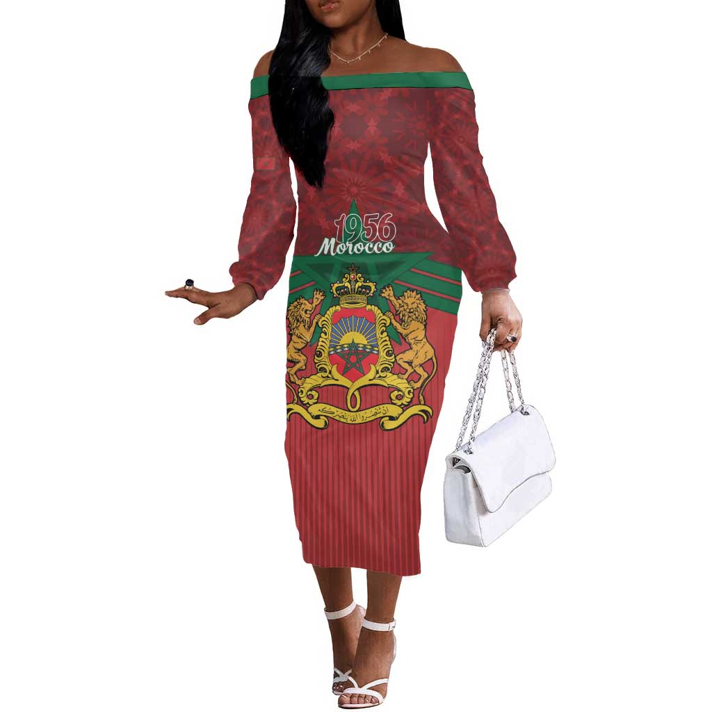 Personalized Afro Morocco Independence Day Off The Shoulder Long Sleeve Dress 1956 Proud Islamic Pattern - African Pride