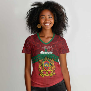 Personalized Afro Morocco Independence Day Women V-Neck T-Shirt 1956 Proud Islamic Pattern - African Pride