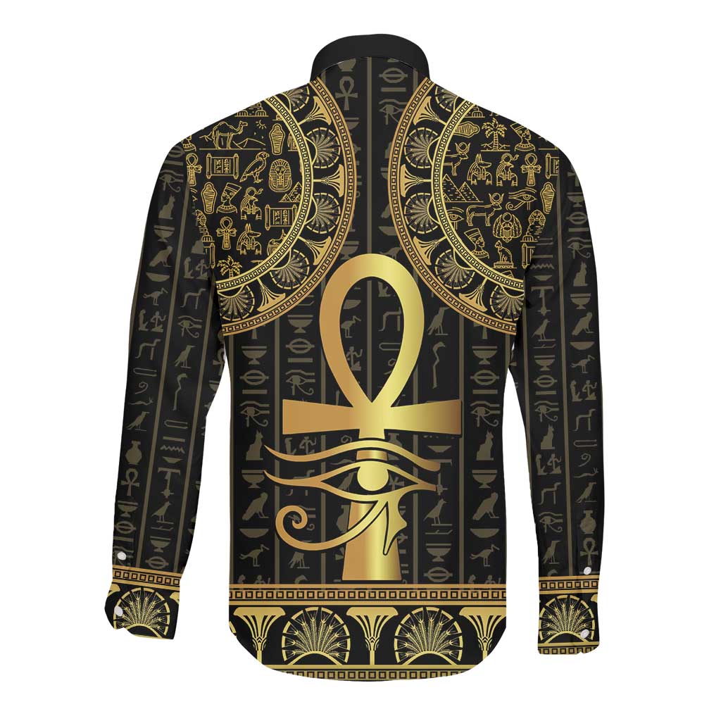 Afro Ancient Egypt Ankh and Eye Of Horus Long Sleeve Button Shirt Egyptian Hieroglyphs
