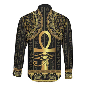 Afro Ancient Egypt Ankh and Eye Of Horus Long Sleeve Button Shirt Egyptian Hieroglyphs