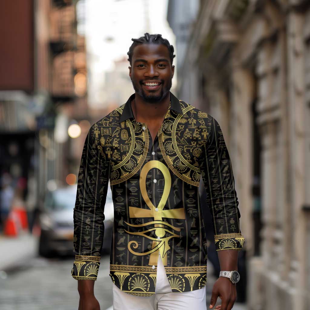 Afro Ancient Egypt Ankh and Eye Of Horus Long Sleeve Button Shirt Egyptian Hieroglyphs