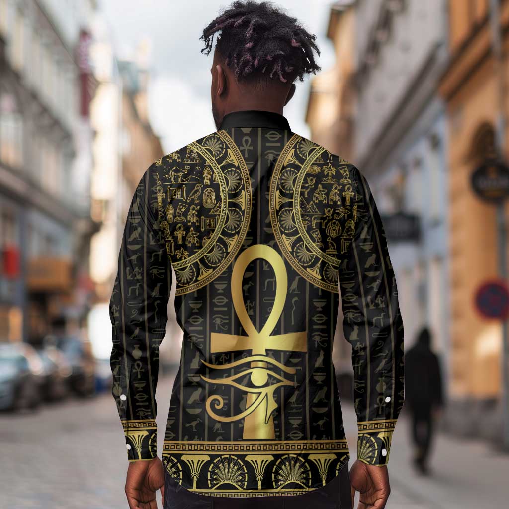 Afro Ancient Egypt Ankh and Eye Of Horus Long Sleeve Button Shirt Egyptian Hieroglyphs