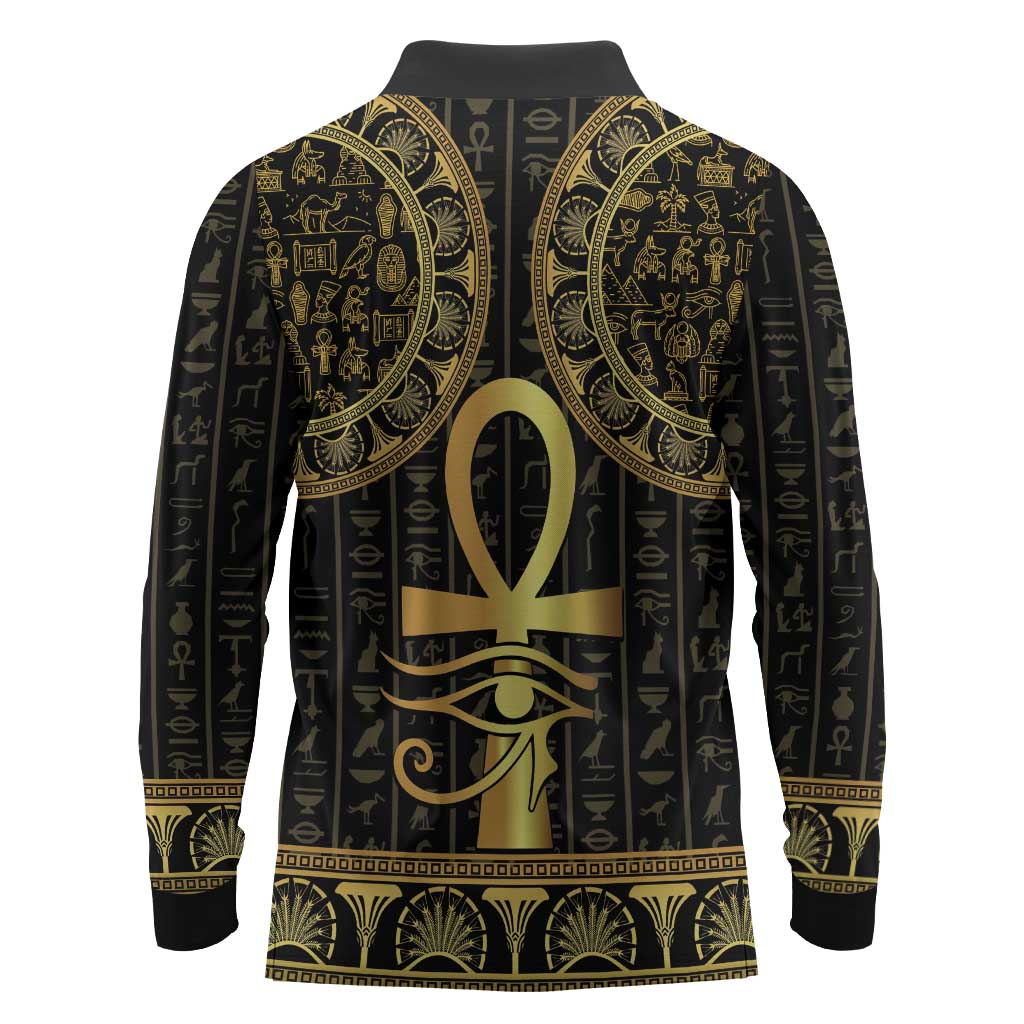 Afro Ancient Egypt Ankh and Eye Of Horus Long Sleeve Polo Shirt Egyptian Hieroglyphs