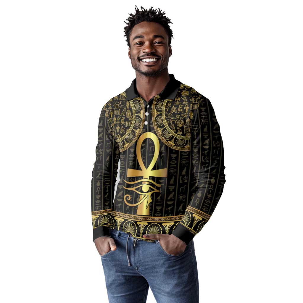 Afro Ancient Egypt Ankh and Eye Of Horus Long Sleeve Polo Shirt Egyptian Hieroglyphs