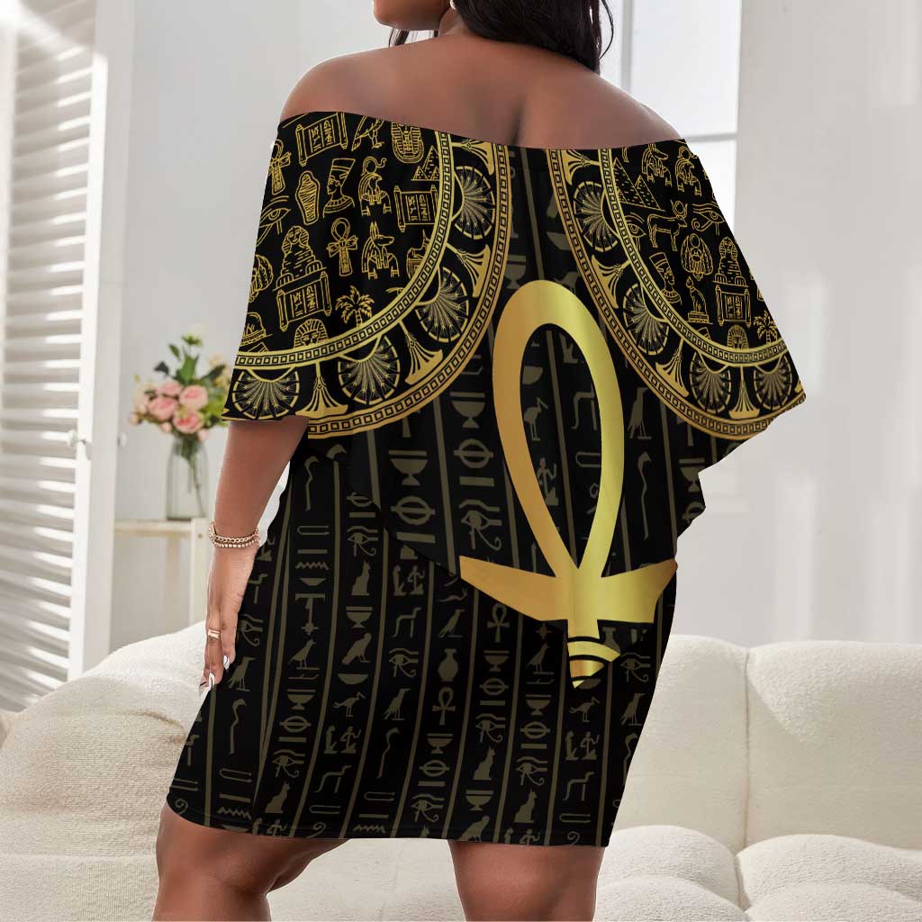 Afro Ancient Egypt Ankh and Eye Of Horus Off Shoulder Short Dress Egyptian Hieroglyphs