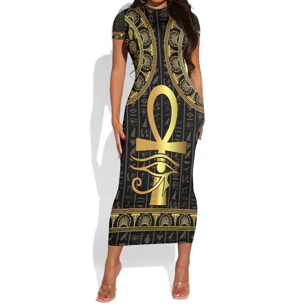 Afro Ancient Egypt Ankh and Eye Of Horus Short Sleeve Bodycon Dress Egyptian Hieroglyphs LT14