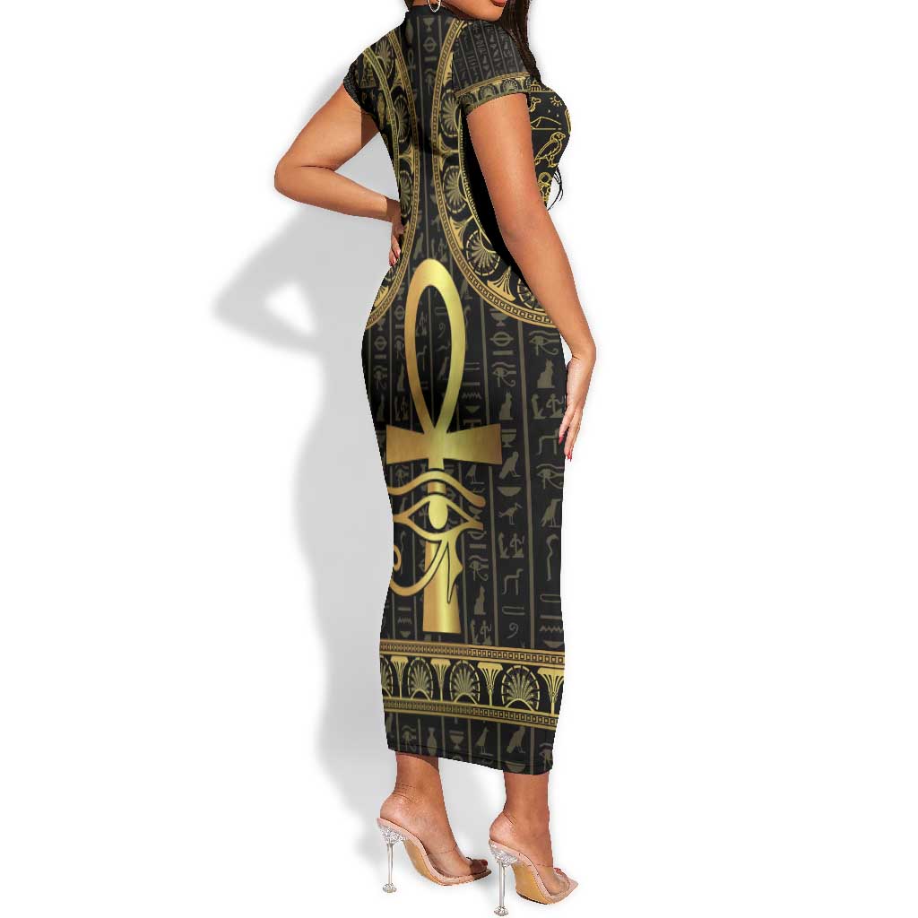 Afro Ancient Egypt Ankh and Eye Of Horus Short Sleeve Bodycon Dress Egyptian Hieroglyphs LT14