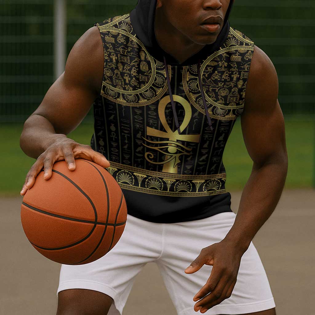 Afro Ancient Egypt Ankh and Eye Of Horus Sleeveless Hoodie Egyptian Hieroglyphs - African Pride