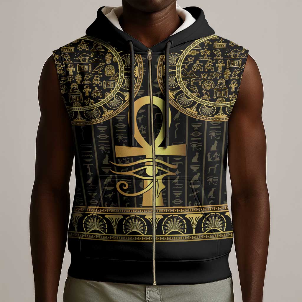 Afro Ancient Egypt Ankh and Eye Of Horus Sleeveless Zip Hoodie Egyptian Hieroglyphs - African Pride