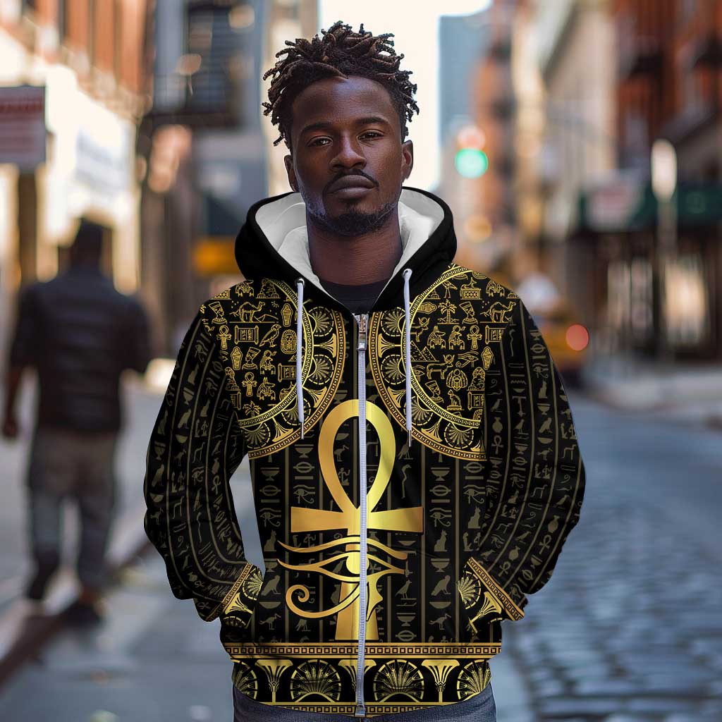 Afro Ancient Egypt Ankh and Eye Of Horus Zip Hoodie Egyptian Hieroglyphs