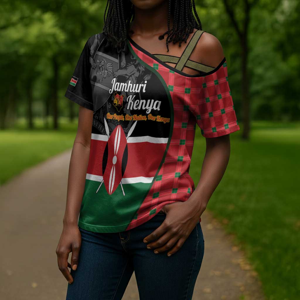 Kenya Jamhuri Day Cross Shoulder Shirt One People One Nation Massai Shuka Pattern