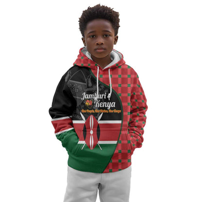 Afro Jamhuri ya Kenya Kid Hoodie One People One Nation Massai Shuka Pattern - African Pride