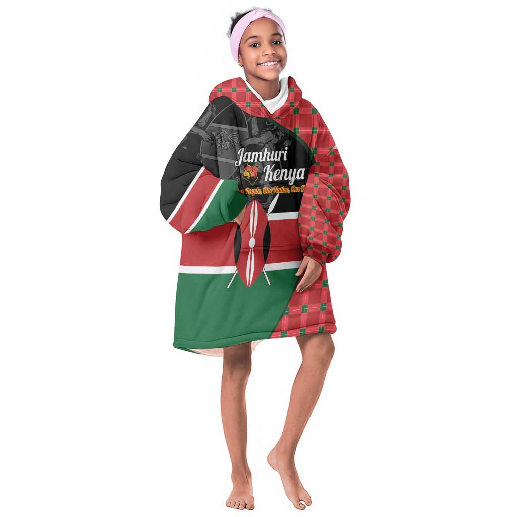 Afro Jamhuri ya Kenya Kid Wearable Blanket Hoodie One People One Nation Massai Shuka Pattern - African Pride
